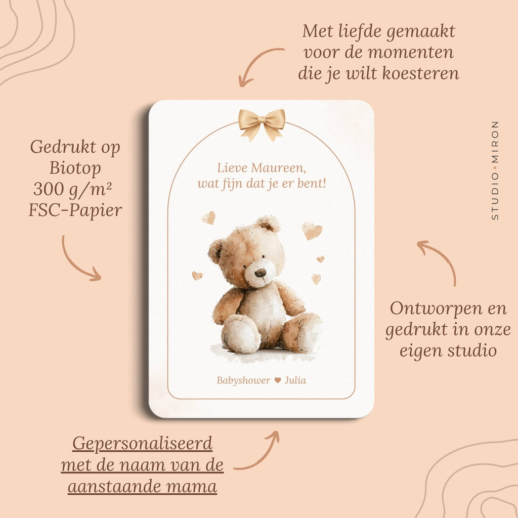 Babyshower decoratie Welkomstposter en Naamkaart in Boho Beige Beertje stijl, pluspunten – Studio Miron