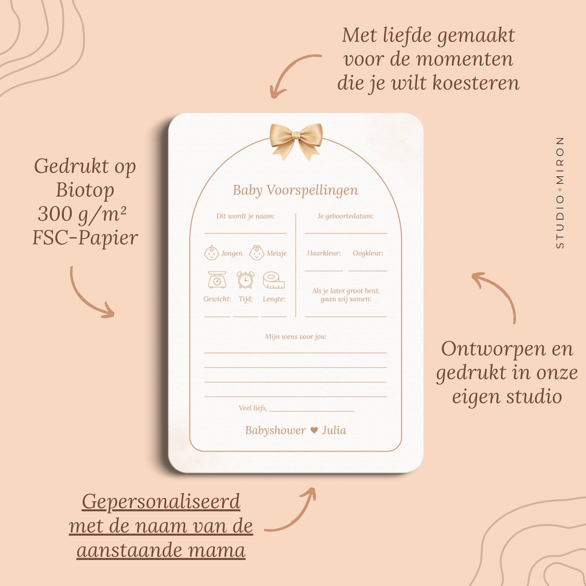 Babyshower invulkaarten Baby Voorspelling in Boho Beige Beertje stijl, pluspunten – Studio Miron
