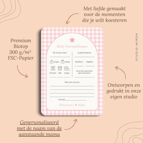 Babyshower invulkaarten baby voorspelling pluspunten gingham roze Studio Miron