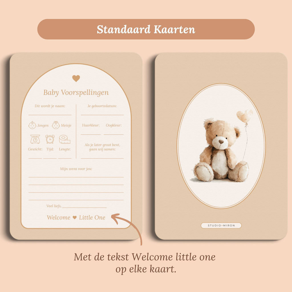 Babyshower invulkaarten baby voorspellingen boho zand standaard voor en achter Studio Miron