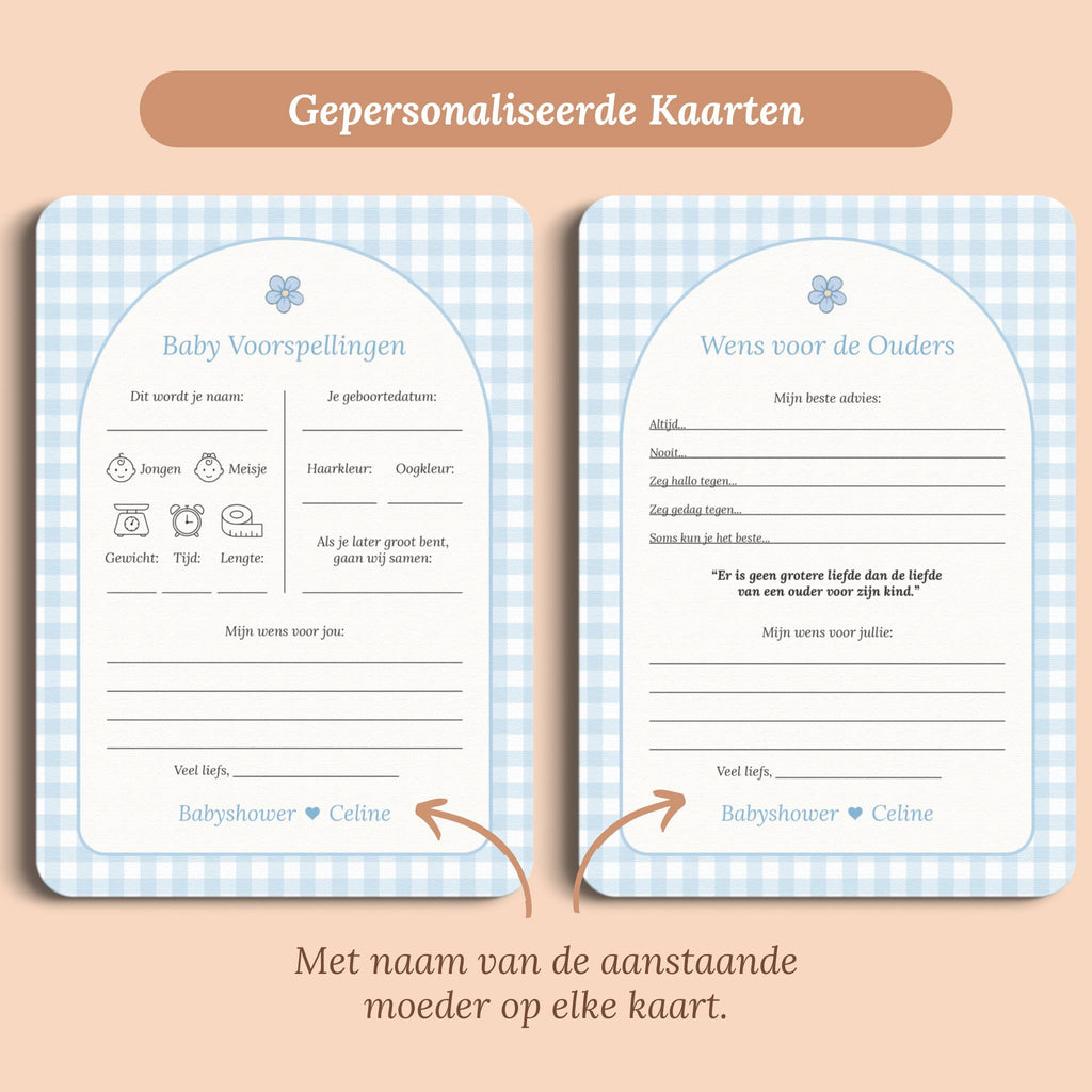 Babyshower invulkaarten baby voorspellingen gingham blauw gepersonaliseerd voor en achter Studio Miron