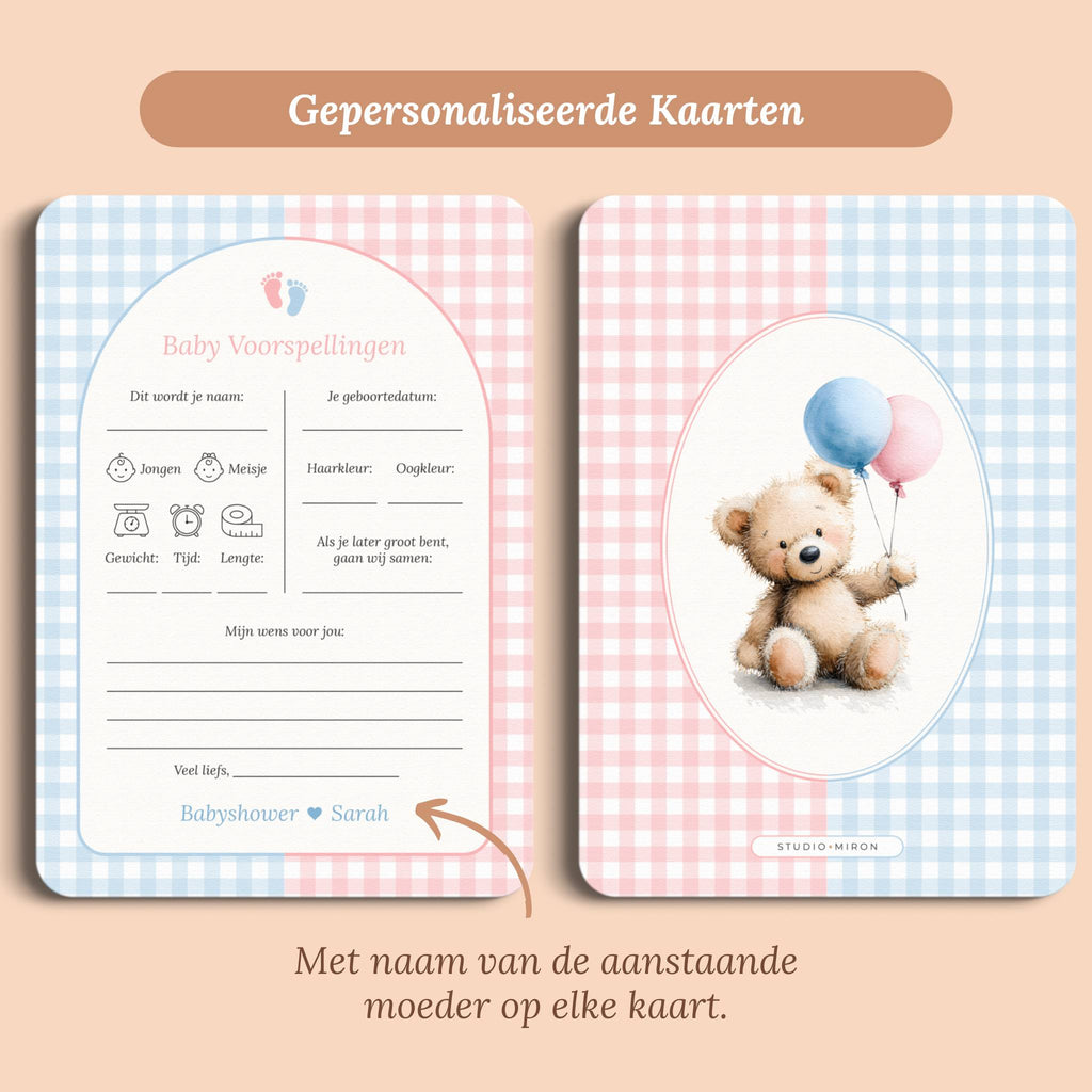 Babyshower invulkaarten baby voorspellingen gingham roze blauw gepersonaliseerd voor en achter Studio Miron