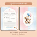 Babyshower invulkaarten baby voorspellingen gingham roze blauw gepersonaliseerd voor en achter Studio Miron