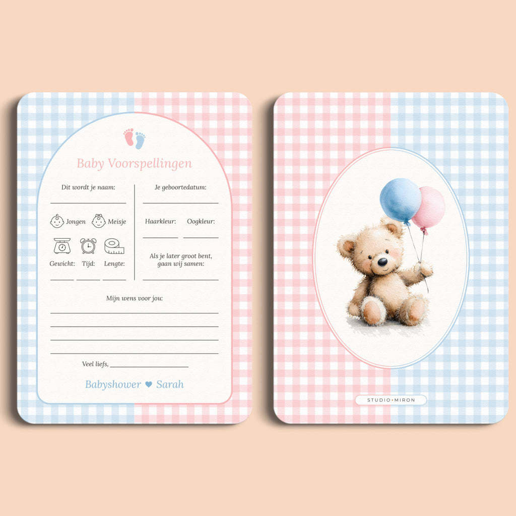 Babyshower invulkaarten baby voorspellingen gingham roze blauw voor en achter Studio Miron