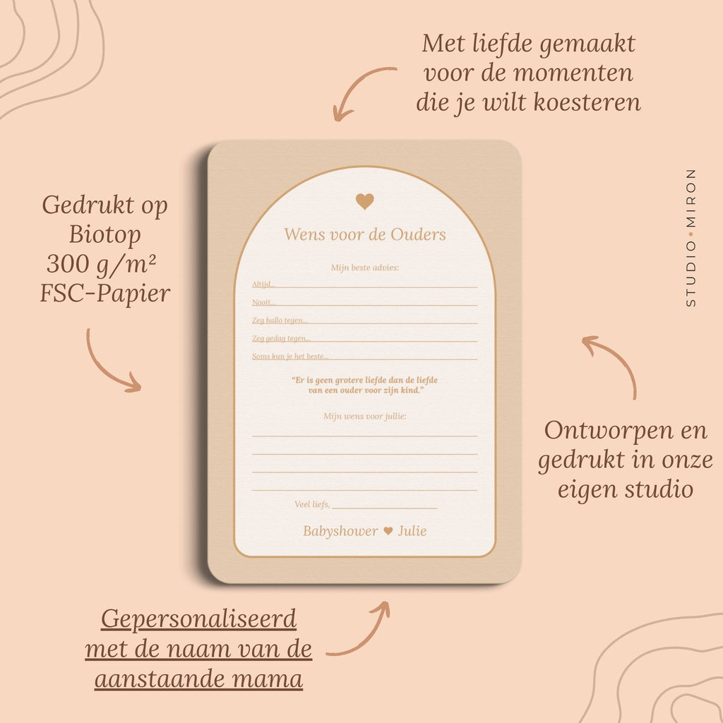Babyshower invulkaarten Wens voor de Ouders in Boho Zand Beer stijl, pluspunten – Studio Miron