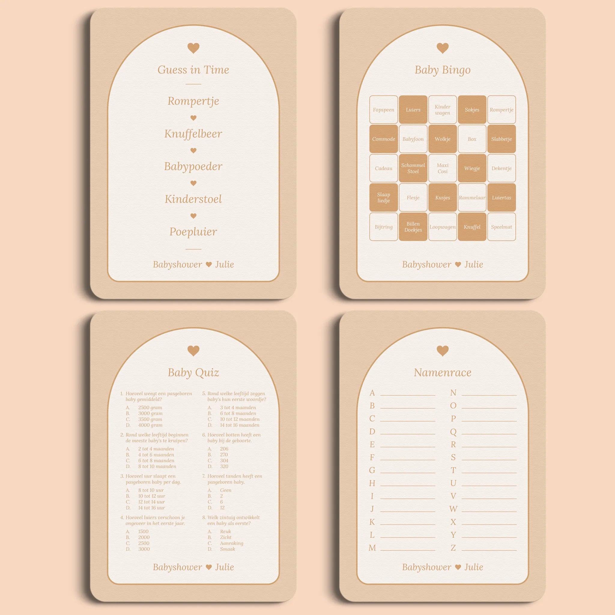 Babyshower Spellenpakket 1 in Boho Hart stijl, inclusief vier babyshower spellen – Studio Miron