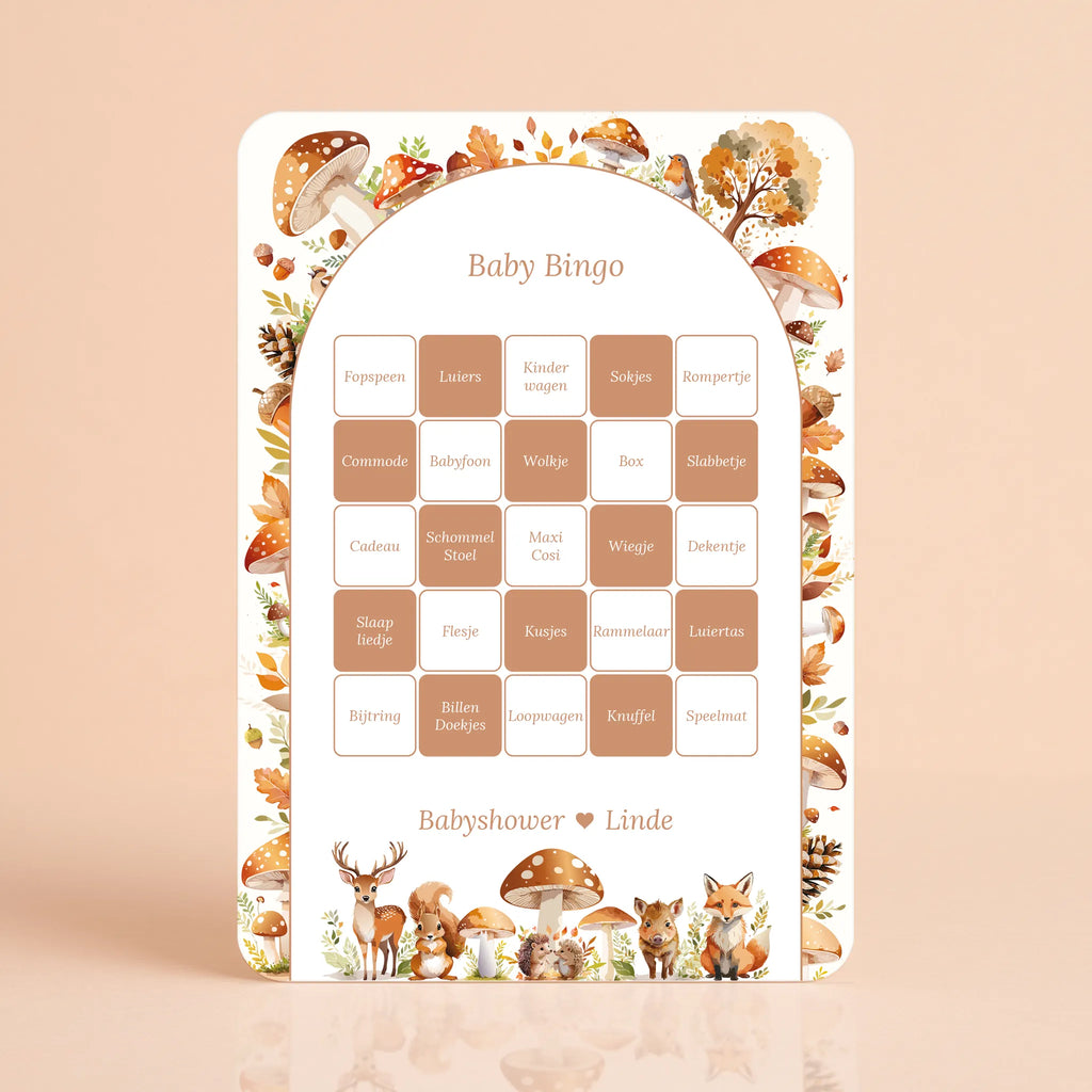 Babyshower spelkaart Baby Bingo in Bosdieren stijl, gepersonaliseerd met naam – Studio Miron