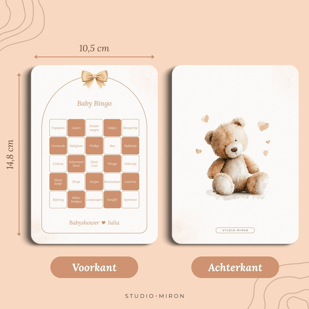 Babyshower spel Baby Bingo in Boho Beige Beertje stijl, formaat voorkant en achterkant – Studio Miron