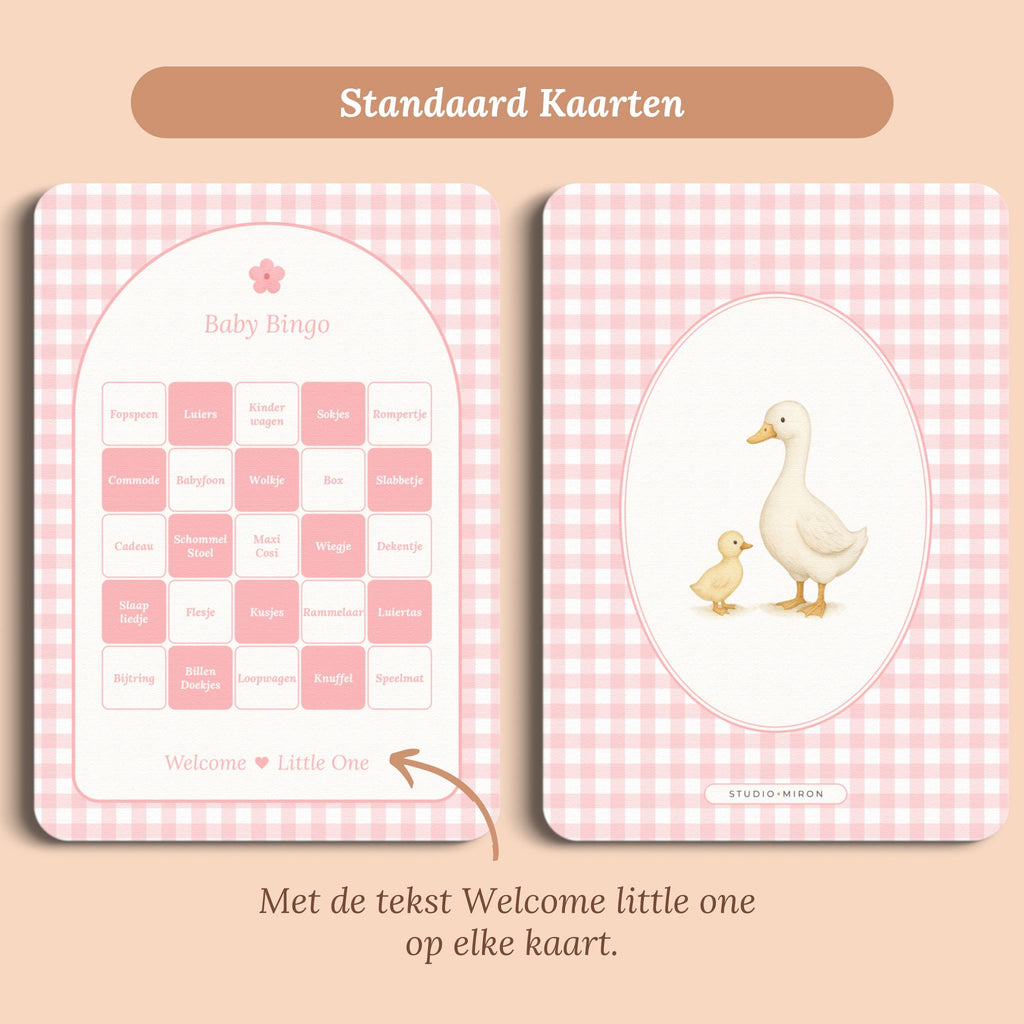 Babyshower spelletjes baby bingo gingham roze standaard voor en achter Studio Miron