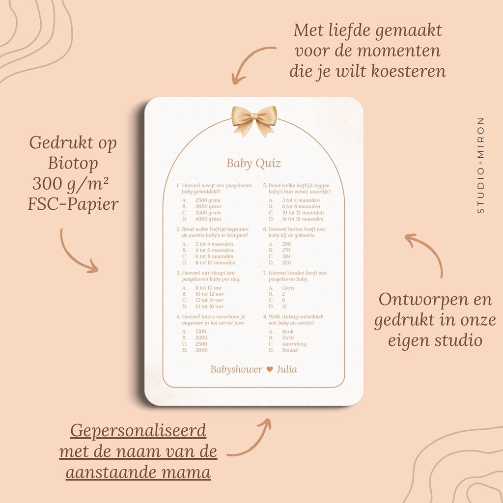 Babyshower spel Baby Quiz in Boho Beige Beertje stijl, pluspunten – Studio Miron