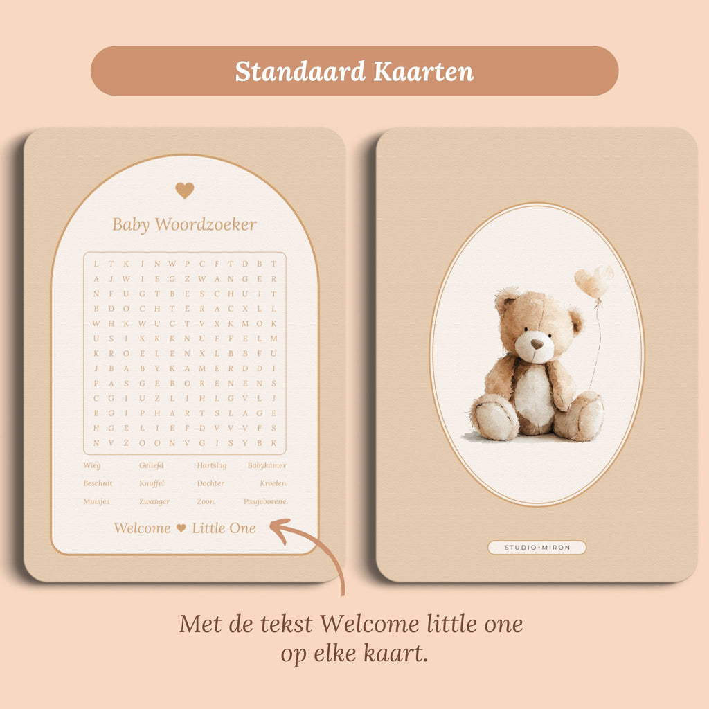 Babyshower spelletjes baby woordzoeker boho zand standaard voor en achter Studio Miron