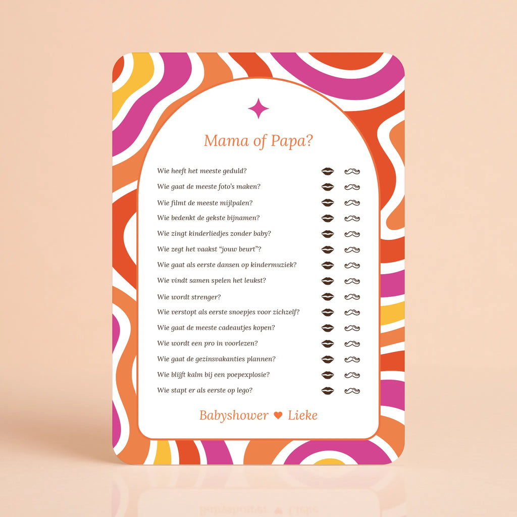 Babyshower spelkaart Mama of Papa in Flower Power stijl, gepersonaliseerd met naam – Studio Miron