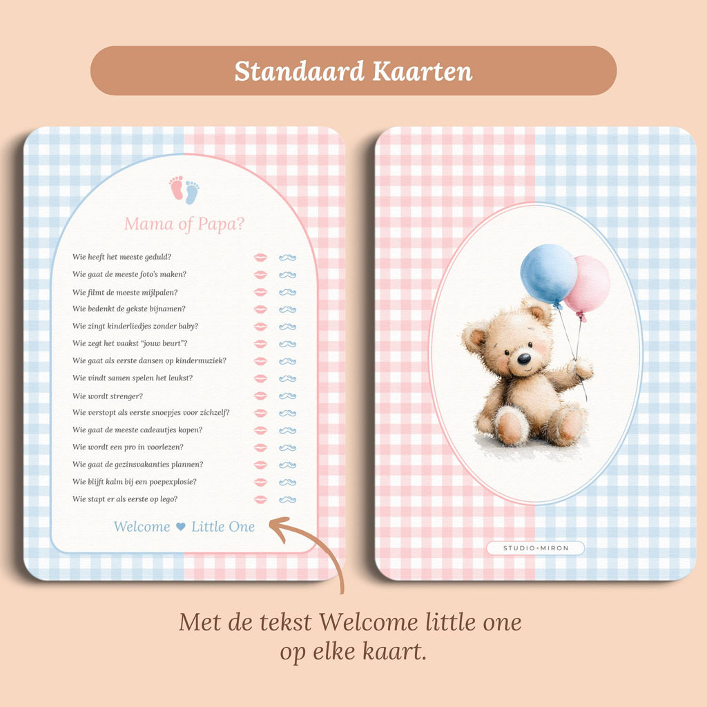 Babyshower spelletjes mama of papa gingham roze blauw standaard voor en achter Studio Miron