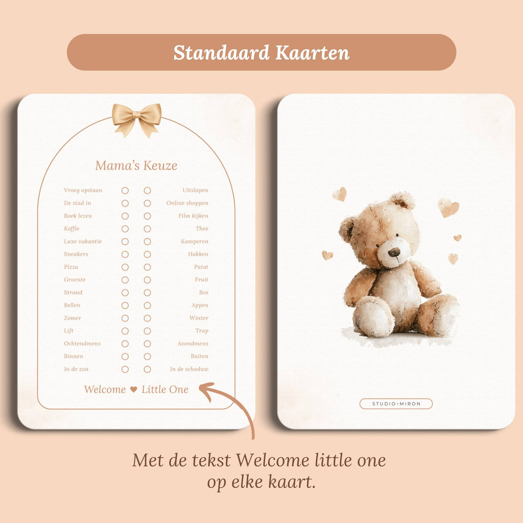 Babyshower spelletjes mamas keuze boho beige beertje standaard voor en achter Studio Miron