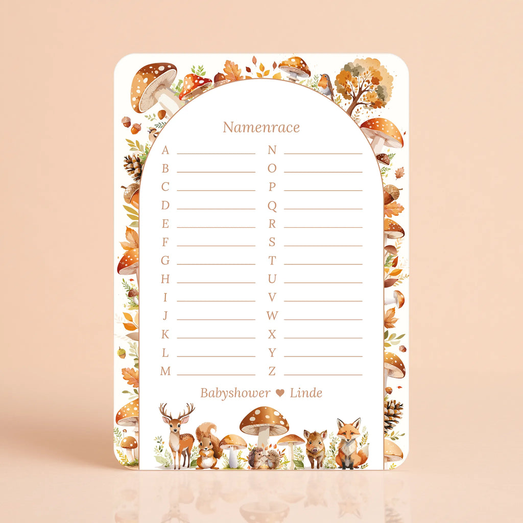 Babyshower spelkaart Namenrace in Bosdieren stijl, gepersonaliseerd met naam – Studio Miron