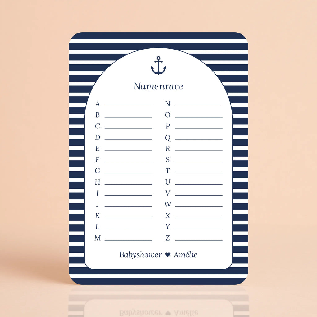 Babyshower spelkaart Namenrace in Navy Blue stijl, gepersonaliseerd met naam – Studio Miron
