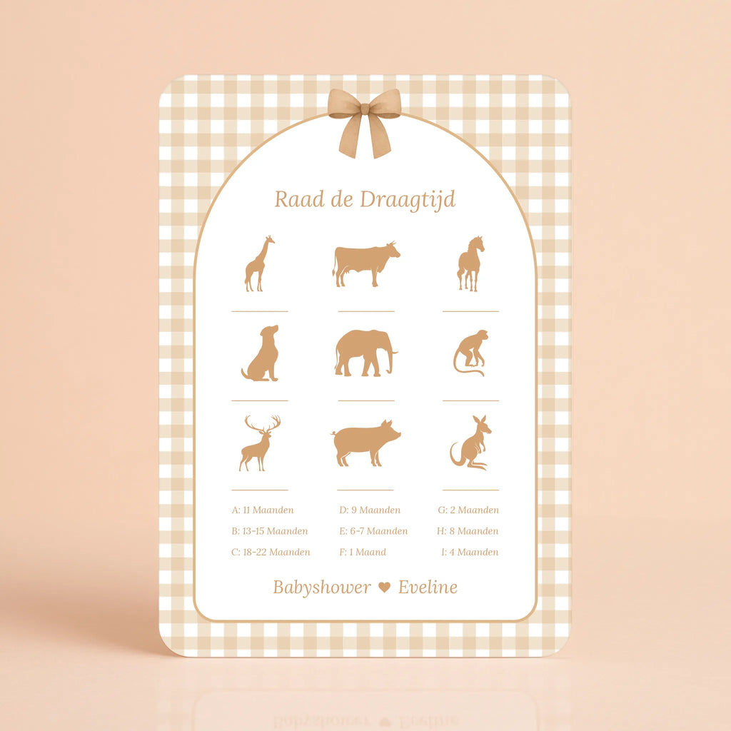 Babyshower spelkaart Raad de Draagtijd in Gingham Bruin stijl, gepersonaliseerd met naam – Studio Miron