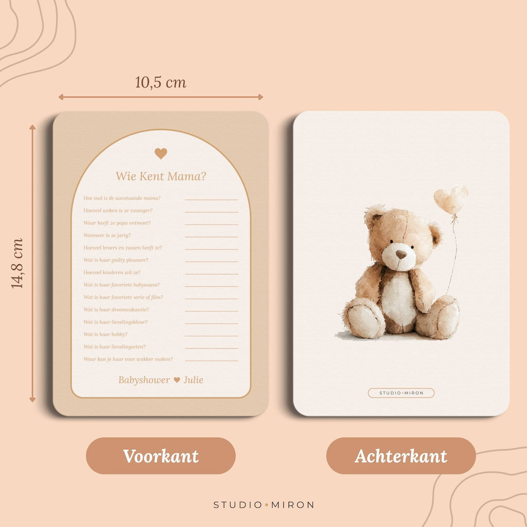 Babyshower spel Wie kent Mama in Boho Beige Zand stijl, formaat voorkant en achterkant – Studio Miron