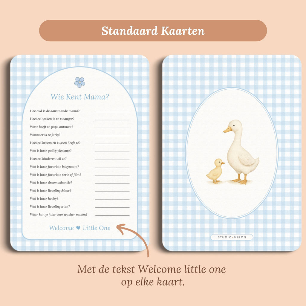 Babyshower spelletjes wie kent mama gingham blauw standaard voor en achter Studio Miron
