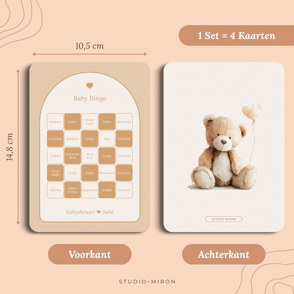 Babyshower spel Baby Bingo in Boho Beige Zand stijl, formaat voorkant en achterkant set 4 kaarten – Studio Miron