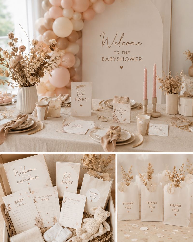 Babyshower tafel met welkomstposter, invulkaarten en decoratie in rustige Studio Miron stijl