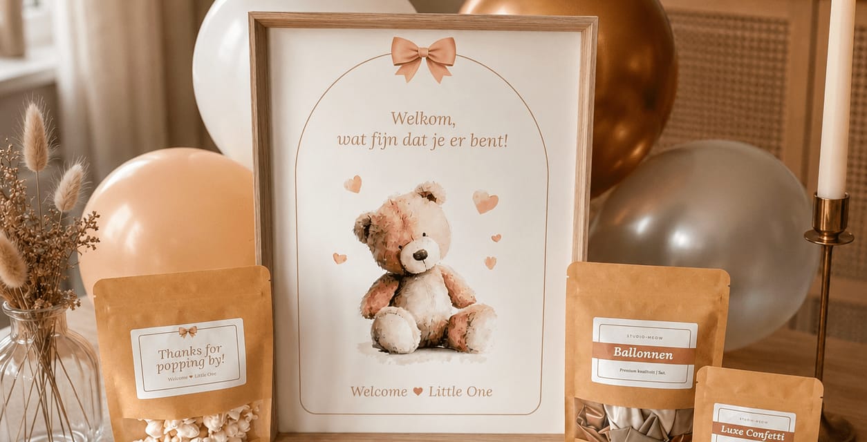 Babyshower-pakket in de stijl Boho Beertje met welkomstposter, invulkaarten en versiering